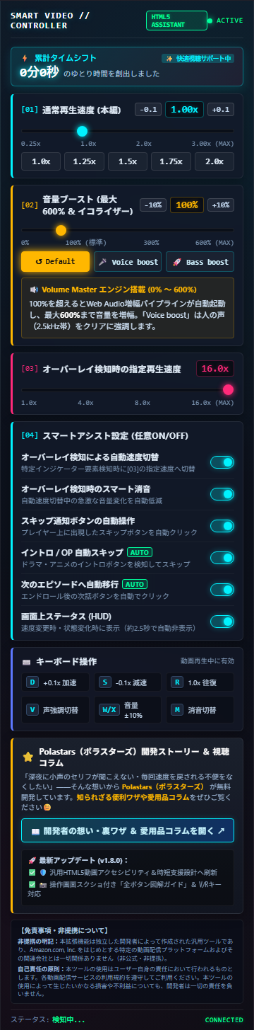 Smart Video Speed Controller ポップアップUI