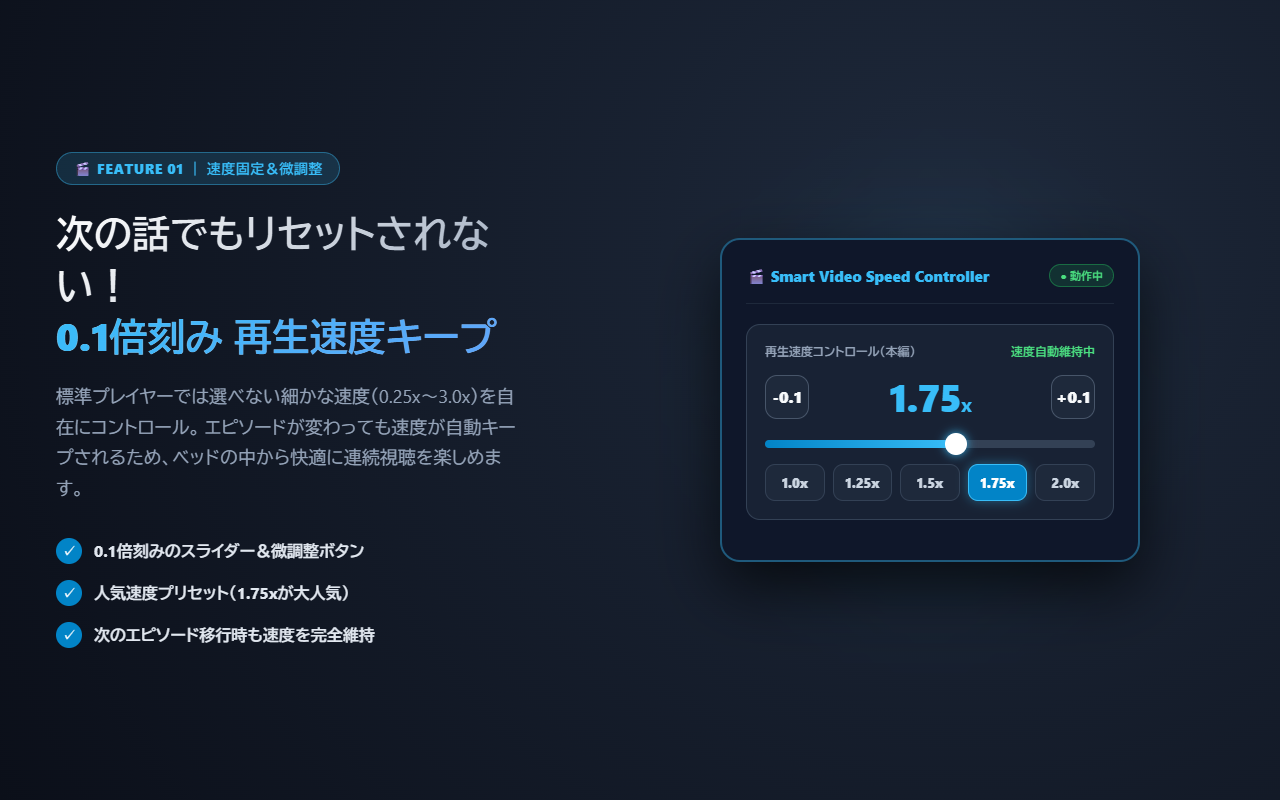 0.1倍刻みの速度制御＆エピソード自動維持スクリーンショット